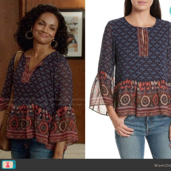 Joie XS Navy/Rust Orange Print Silk Blouse - Picture 2 of 7